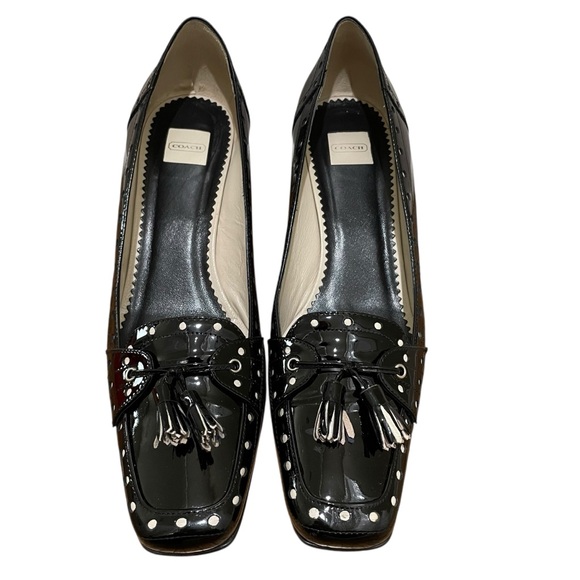 Coach Jude Patent Leather Black Parchment Studded Tassel Kitten Heels Women 10 - Picture 4 of 11